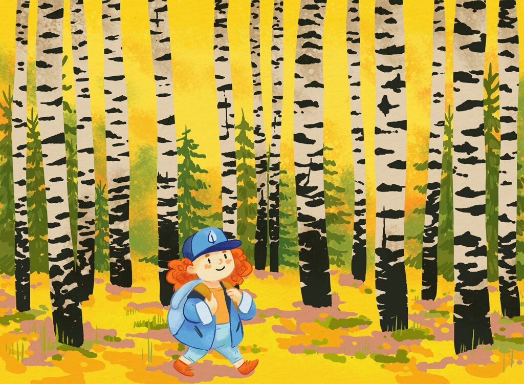 Illustration of a yellow birch forest with a red haired girl