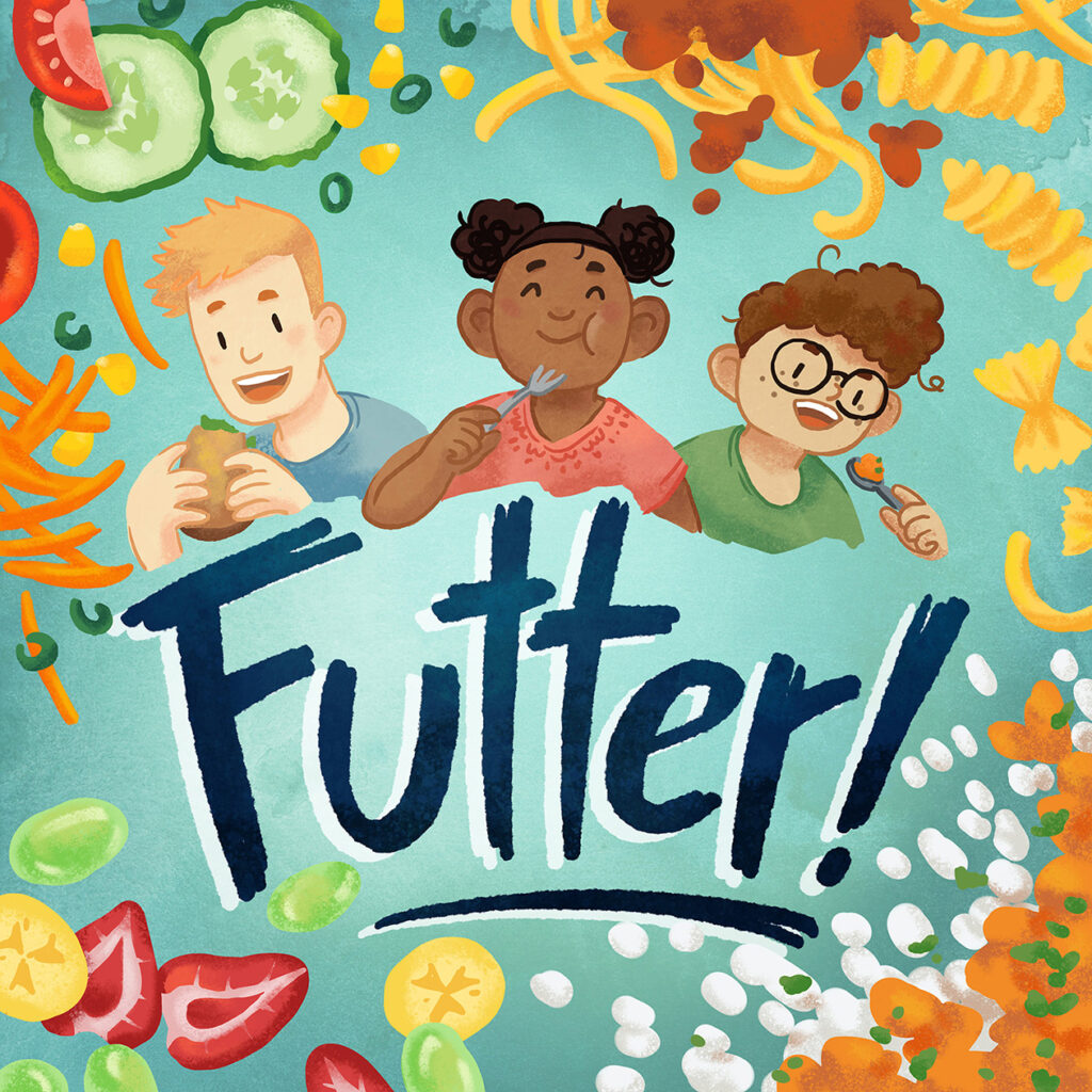 Cover for "Futter", colorful with three kids and lots of food around them