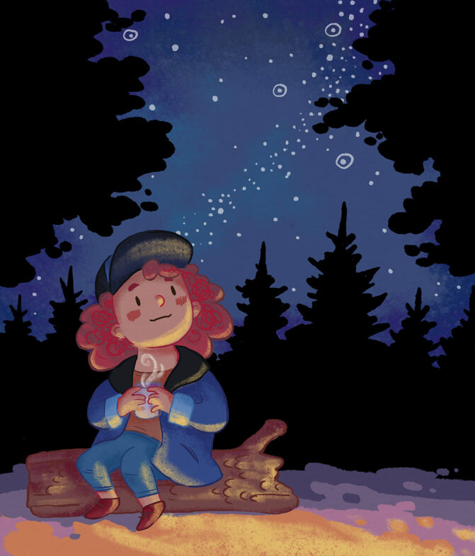 illustration of a starry night with a red haired girl holding a cup of tea