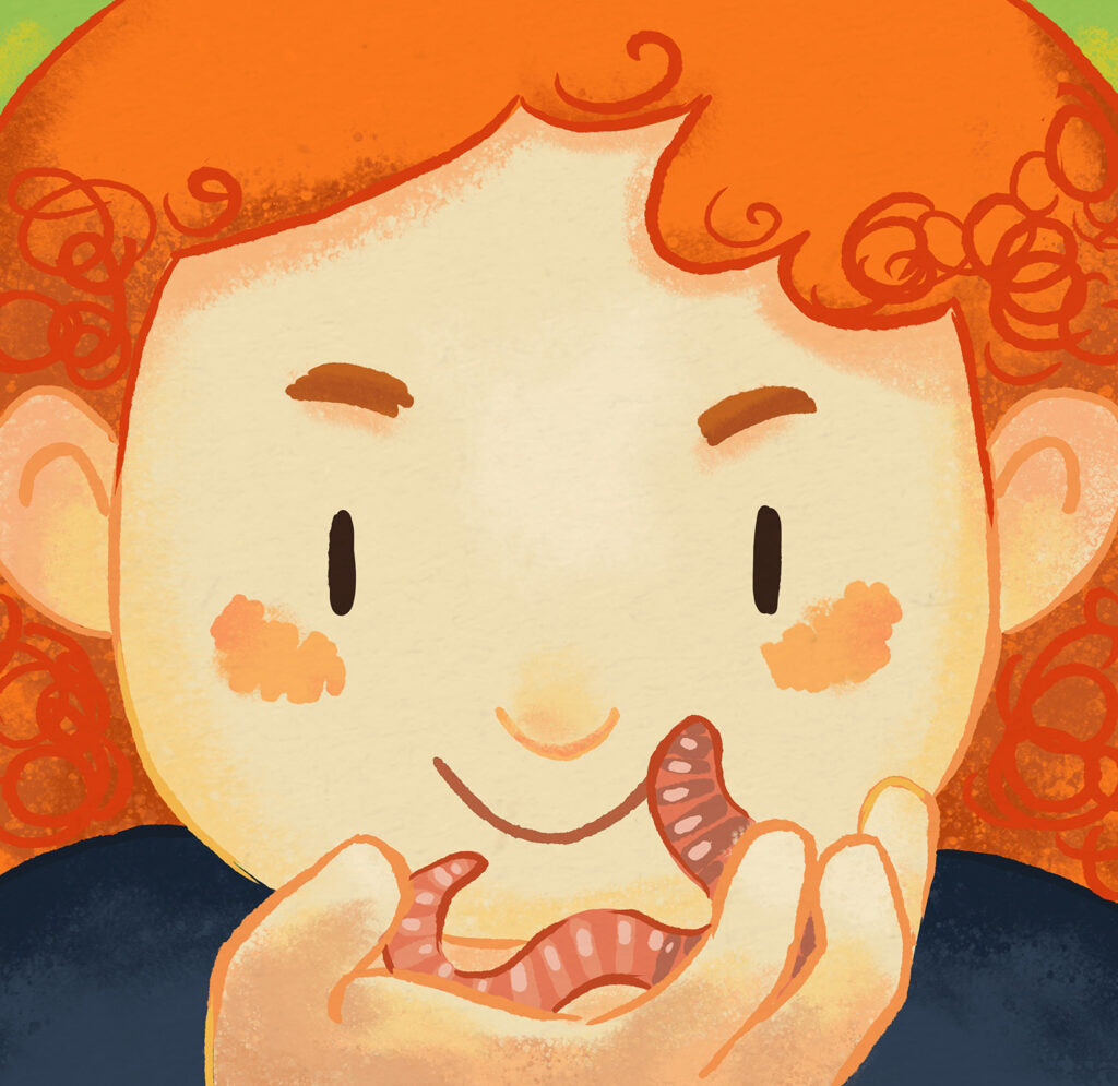 illustration of red hair girl with a worm