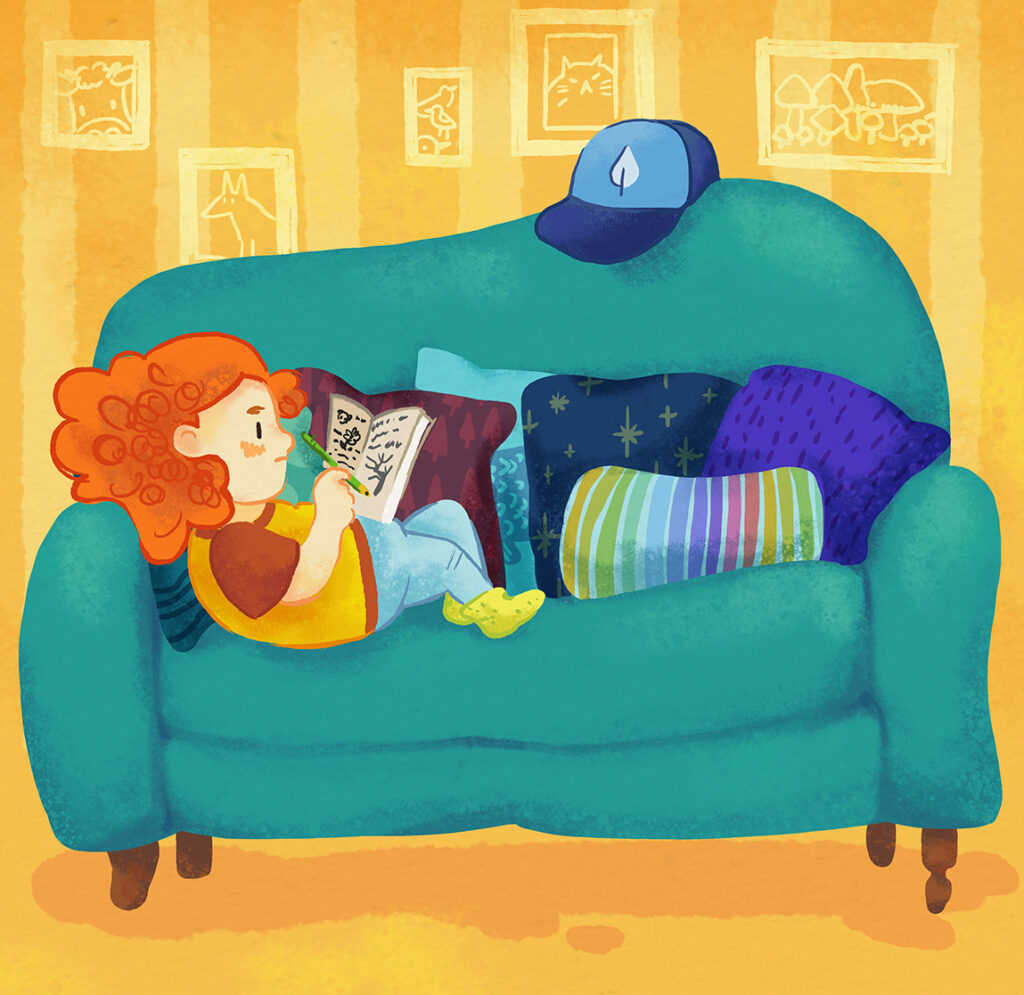 illustration of a red haired girl on a sofa with lots of pillows