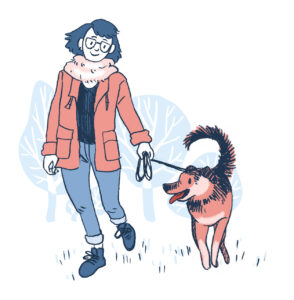 illustration of woman taking a dog for a walk