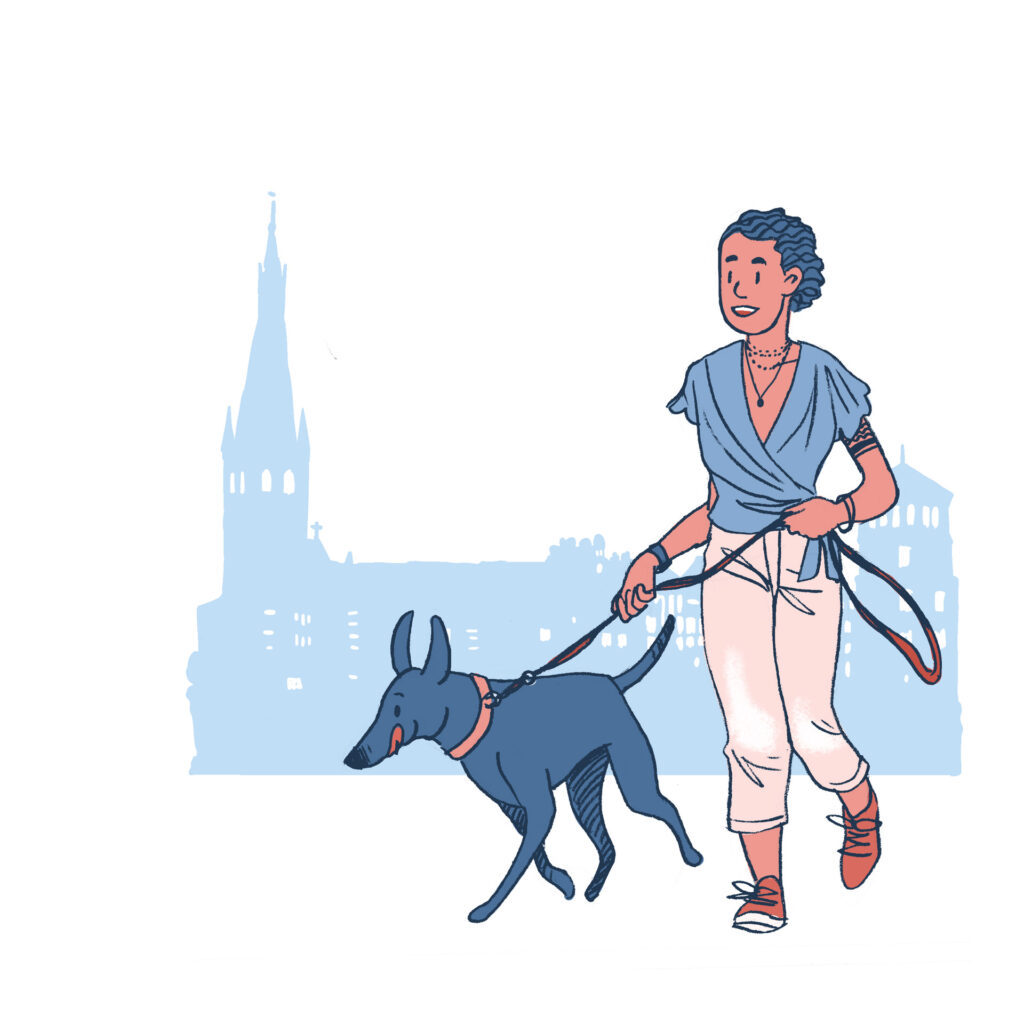 illustration of another woman taking her dog for a walk